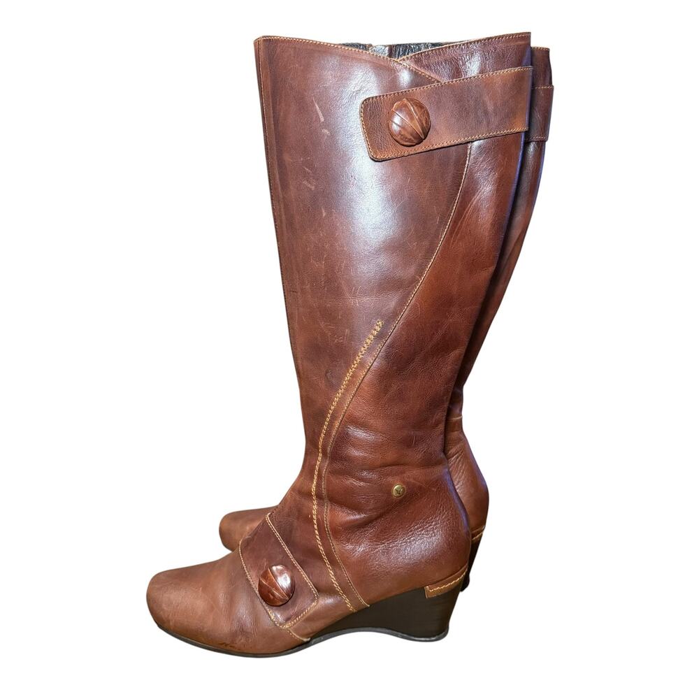 Pikolinos Brown Leather Knee High Wedge Boots Size 10 41